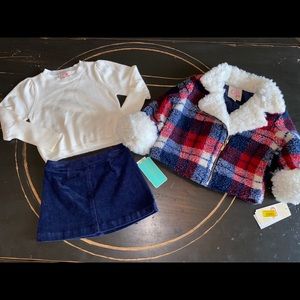Sweater, skirt, and matching shirts coat